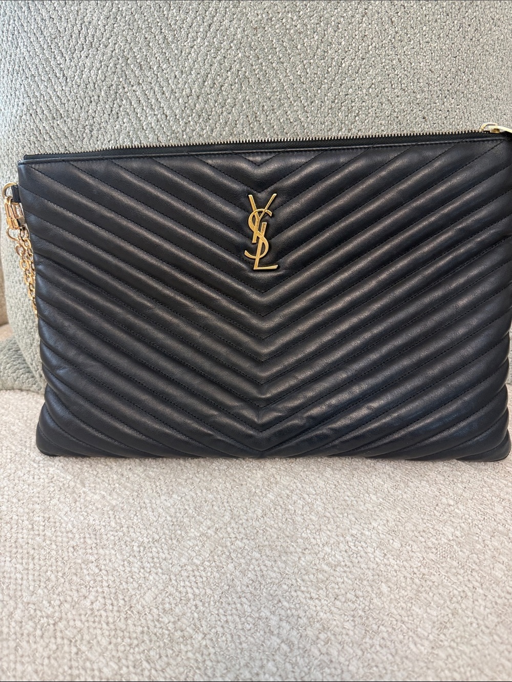 Saint Laurent Black Chevron Quilted Leather clutch/Wristlet with Gold YSL Emblem